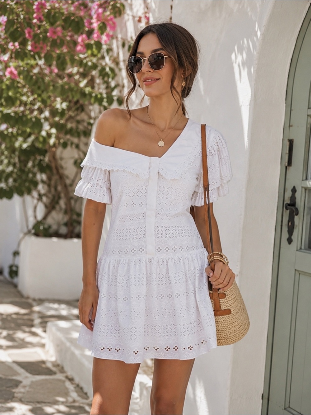 Self-Portrait White Eyelet Off-Shoulder Mini Dress